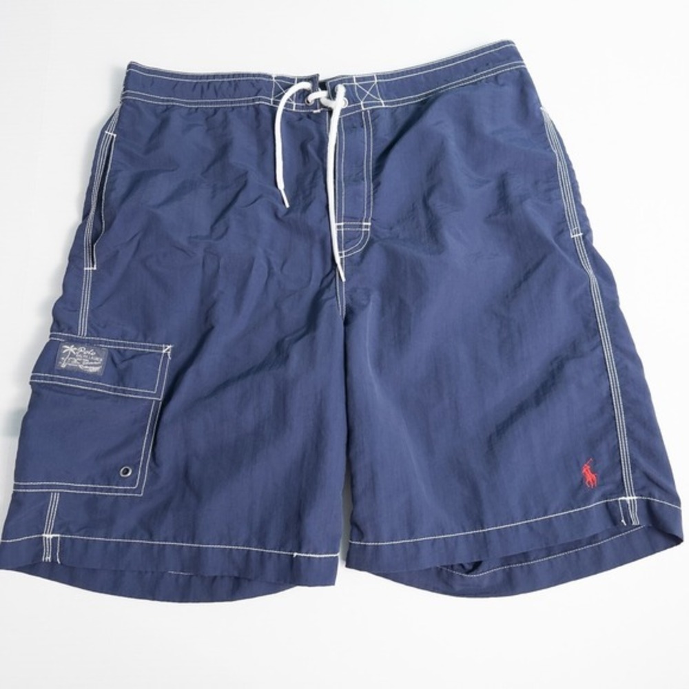 Polo Ralph Lauren Cargo Swim Trunks Mens M Navy Blue Drawstring Mesh Lined‎ Pony